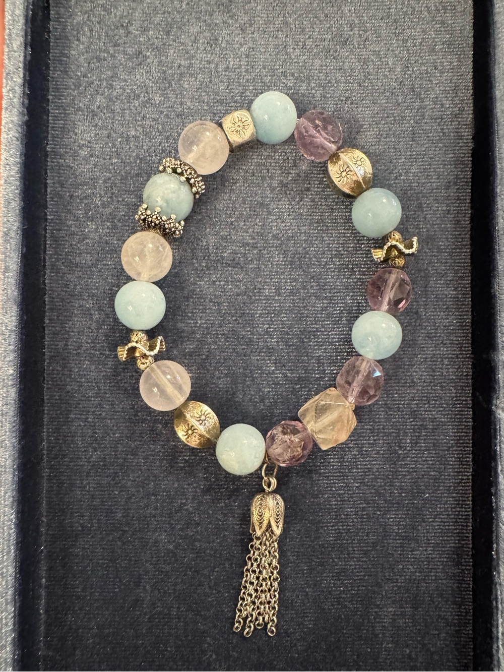 Gemstone crystal amethyst, aquamarine quartz beaded bracelet 6.5” stretch silver